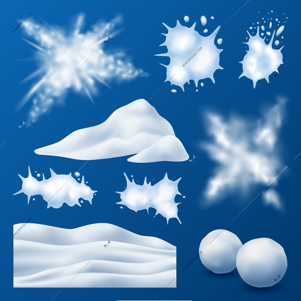 Snow clouds wavy snowdrift mounds exploding bursting snowballs splats realistic elements set blue background vector illustration