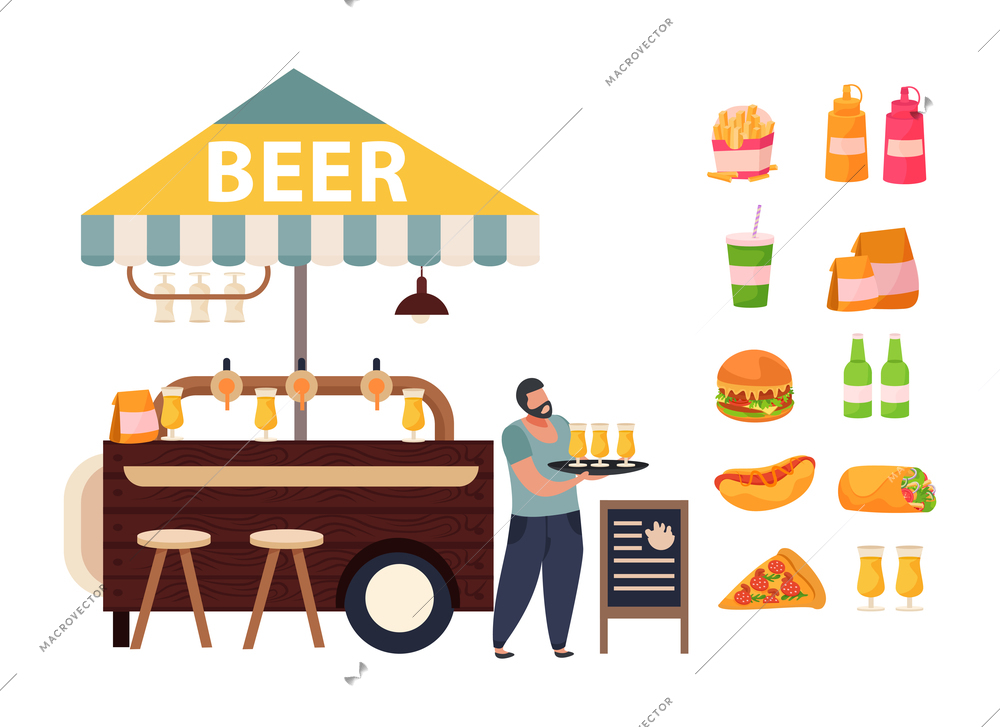 Street cafe concept with beer and snack symbols flat vector illustration