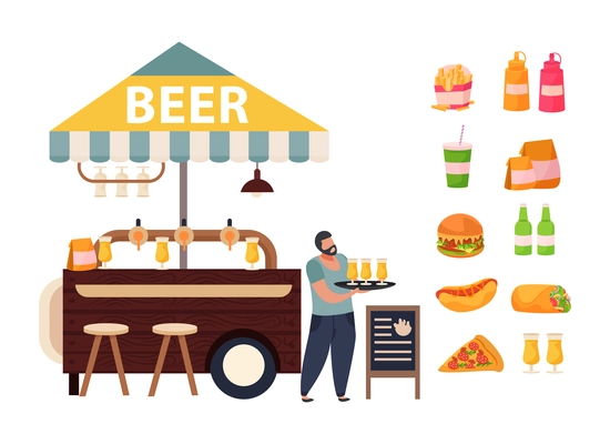 Street cafe concept with beer and snack symbols flat vector illustration