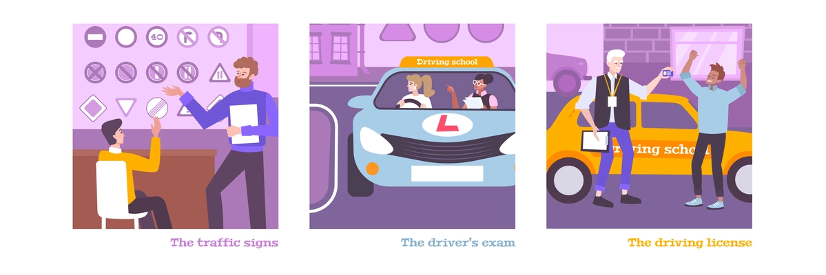 Driving school training set with license symbols flat isolated vector illustration