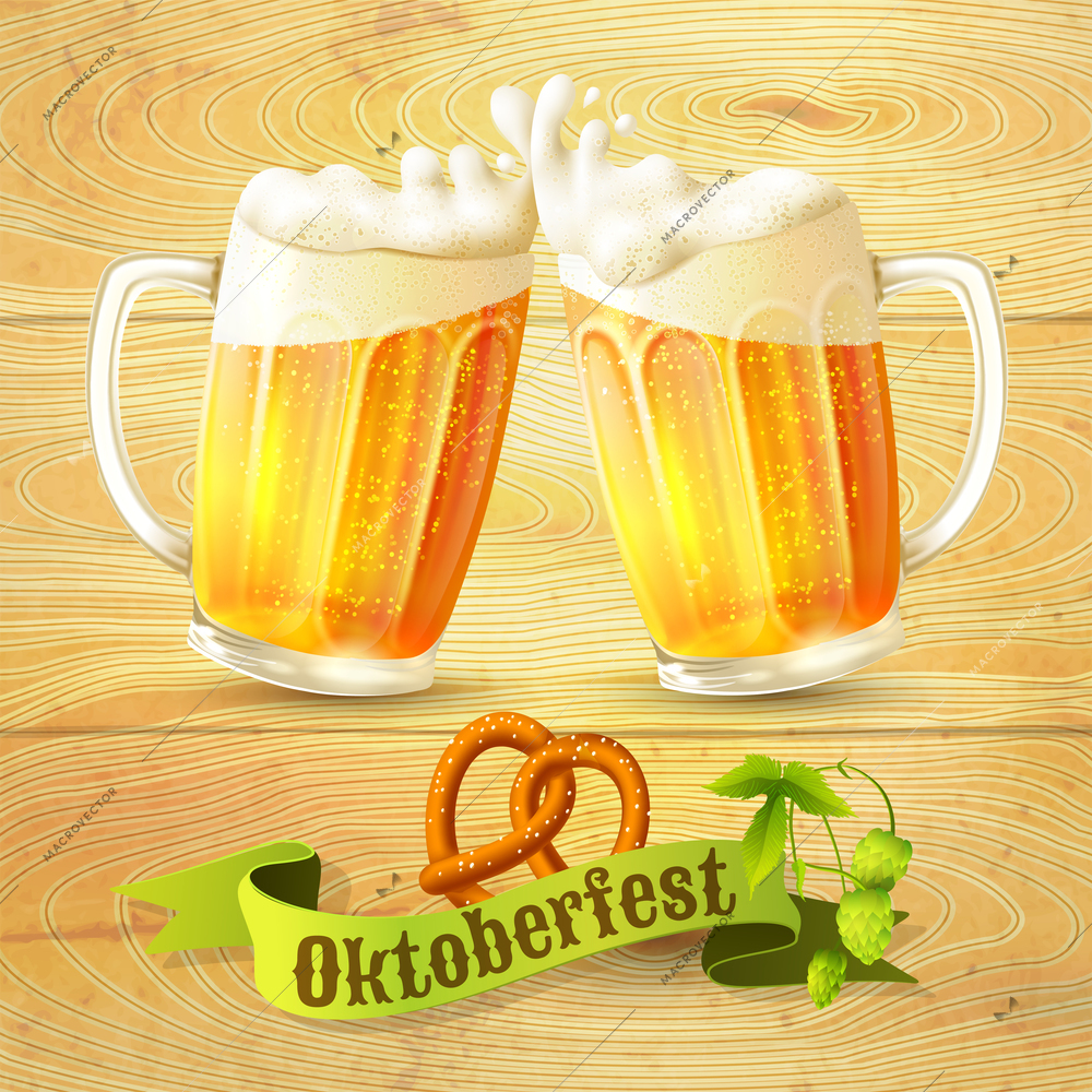 Glass mug of beer pretzel and hop branch on wooden background Octoberfest poster vector illustration