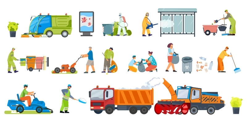 Street cleaning set with flat icons and isolated images of clearing vehicles and people with tools vector illustration