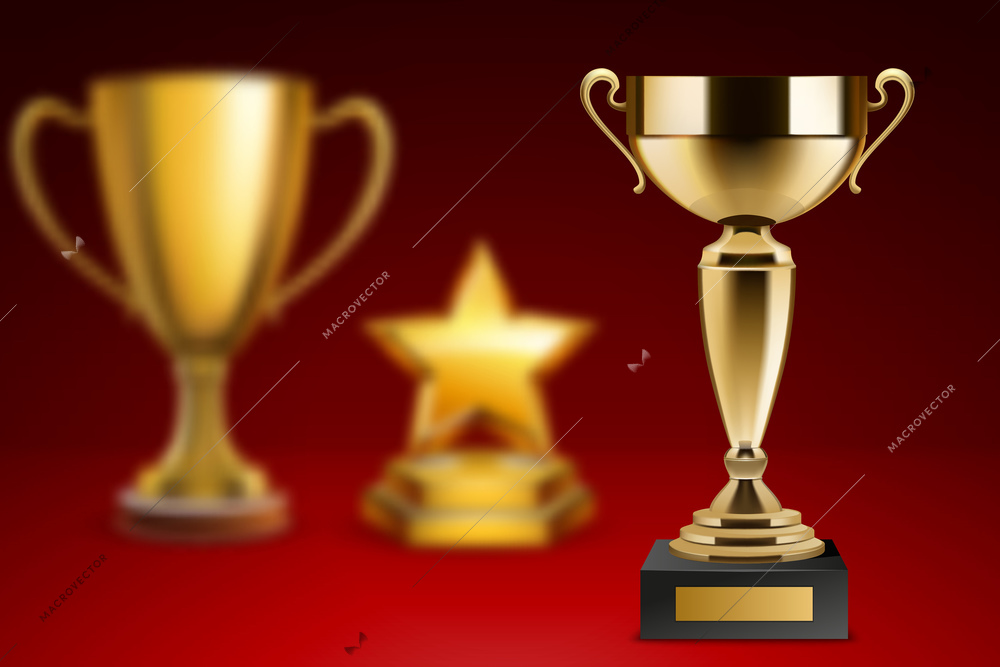 Realistic awards composition with images of three different trophies and cups on pedestal with gradient background vector illustration