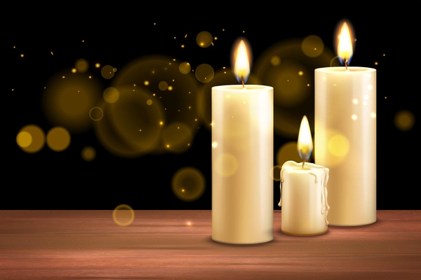 Realistic candles background composition with wooden surface and burning candle images with golden particles and flares vector illustration