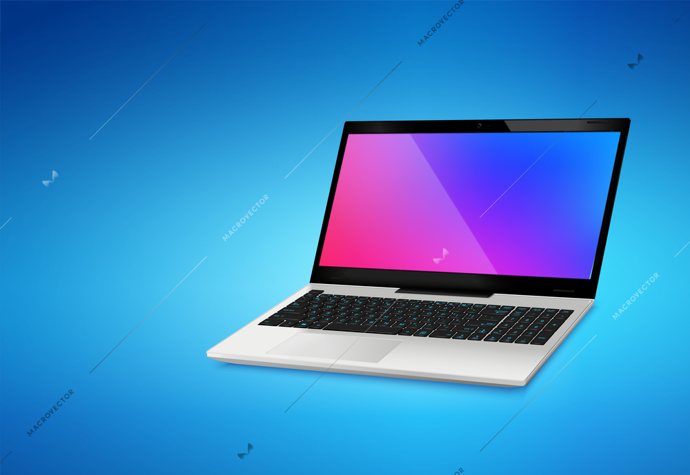 Realistic design concept advertising modern laptop mockup with glossy purple screen on blue background vector illustration