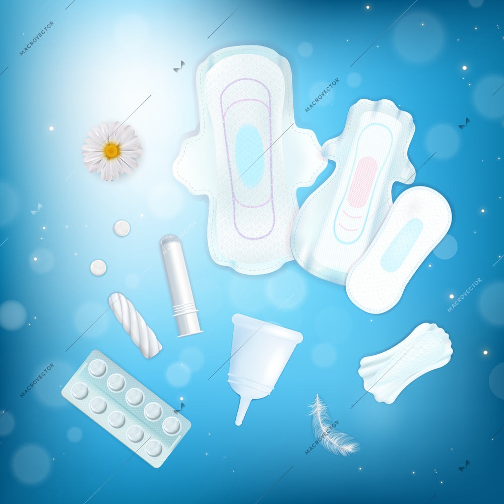 Feminine hygiene concept with towels tampons and cups realistic isolated vector illustration
