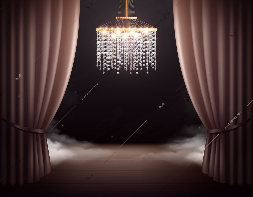 Theatre scene with chandelier interior realistic composition with view of classic stage with curtains and vapour vector illustration