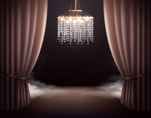 Theatre scene with chandelier interior realistic composition with view of classic stage with curtains and vapour vector illustration