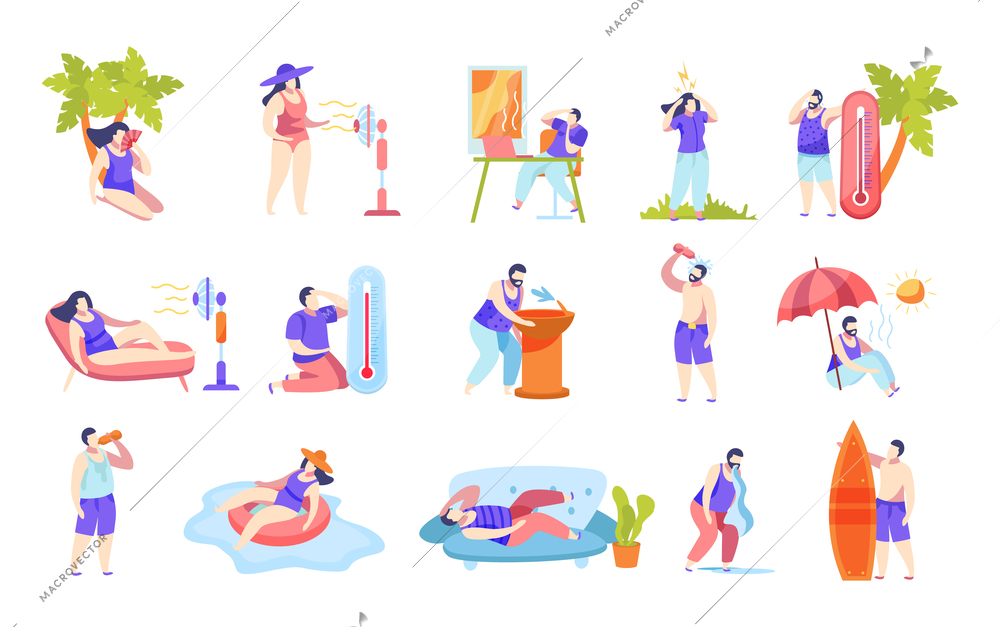 Summertime heatstroke cause symptoms prevention flat icons set with thermometer drinking water using fan bathing vector illustration