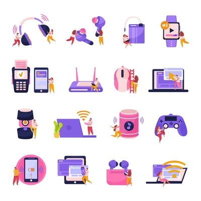 Wireless devices flat icons set with smartphone tablet laptop smart watches game controller earphones isolated vector illustration