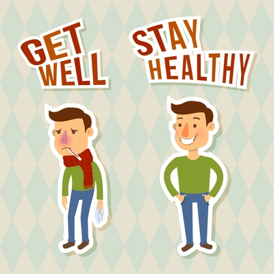 Sick and healthy man sticker characters isolated vector illustration