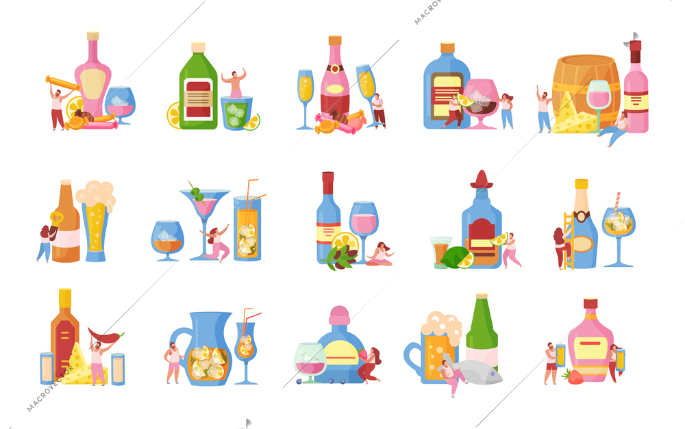 Alcoholic drinks cocktails beer flat icons set with ice cubes fruit juice rum vodka isolated vector illustration