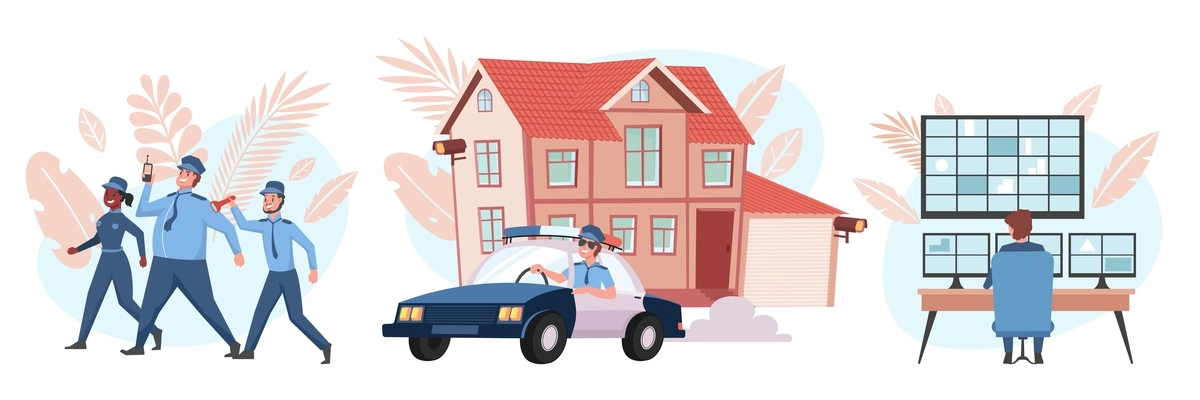 House security set of flat compositions with police officers car and house with video surveillance system vector illustration