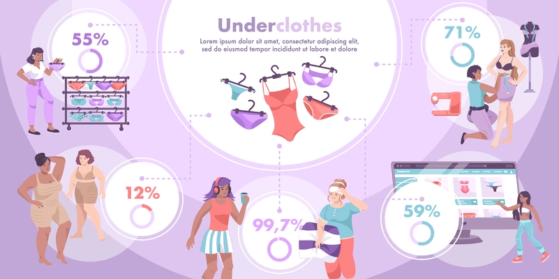 Underwear flat infographic with underclothes description type size and color vector illustration