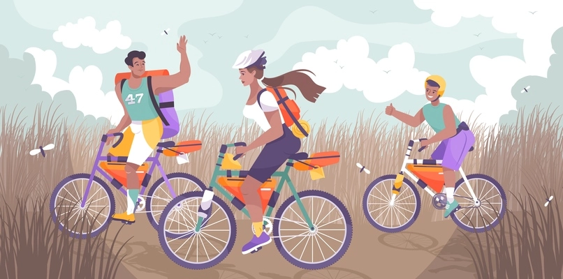 Bike tourism family flat and colored composition group of people walking on bikes vector illustration