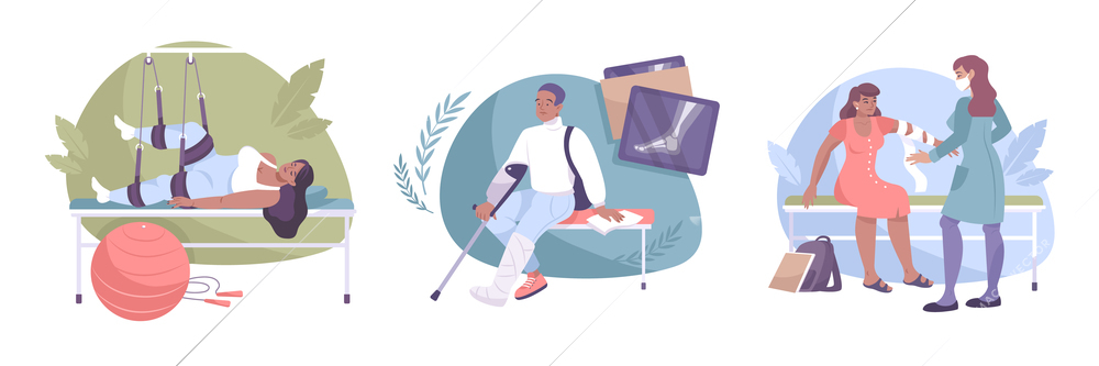 Fracture composition flat isolated icon set with physiotherapy x ray and bandaging vector illustration