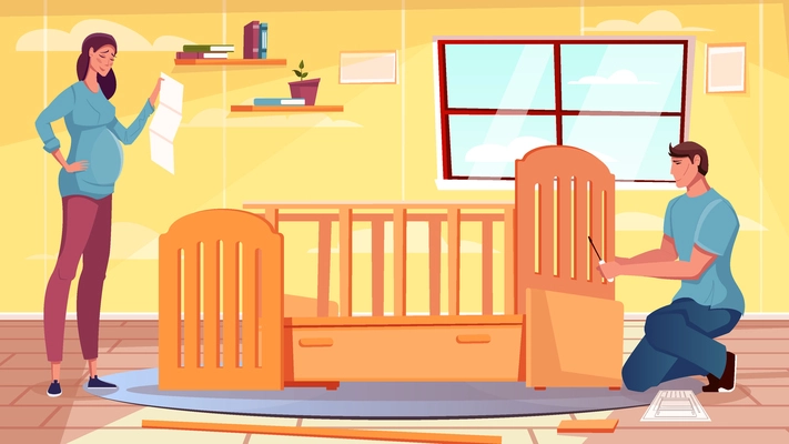 Flat furniture background with pregnant woman and man assembling baby crib vector illustration