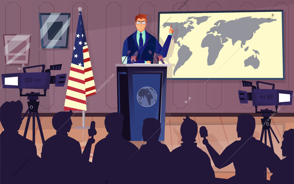 Diplomat and politics background with press conference symbols flat vector illustration