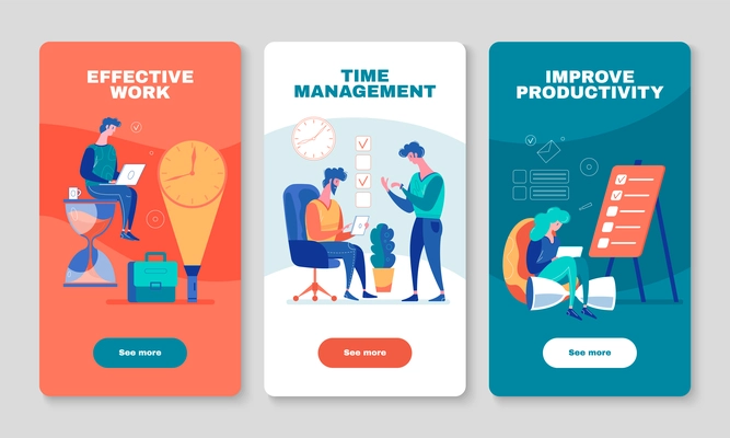 Improving work productivity with effective time management apps 3 vertical mobile screen colorful background banners vector illustration