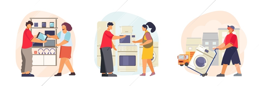 Appliance store set of three compositions with consumer electronics supermarket shelves household appliances and human characters vector illustration