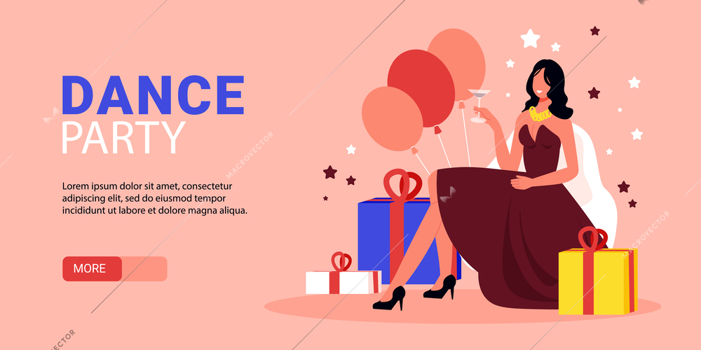 Dance party flat horizontal web banner with holding cocktail glass young woman amidst balloons presents vector illustration