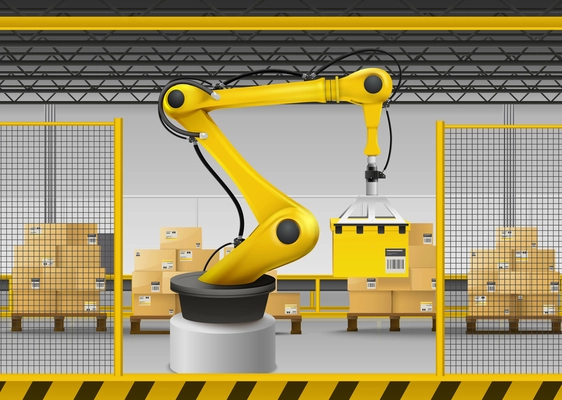 Robotic arm realistic background with logistics and warehouse symbols vector illustration