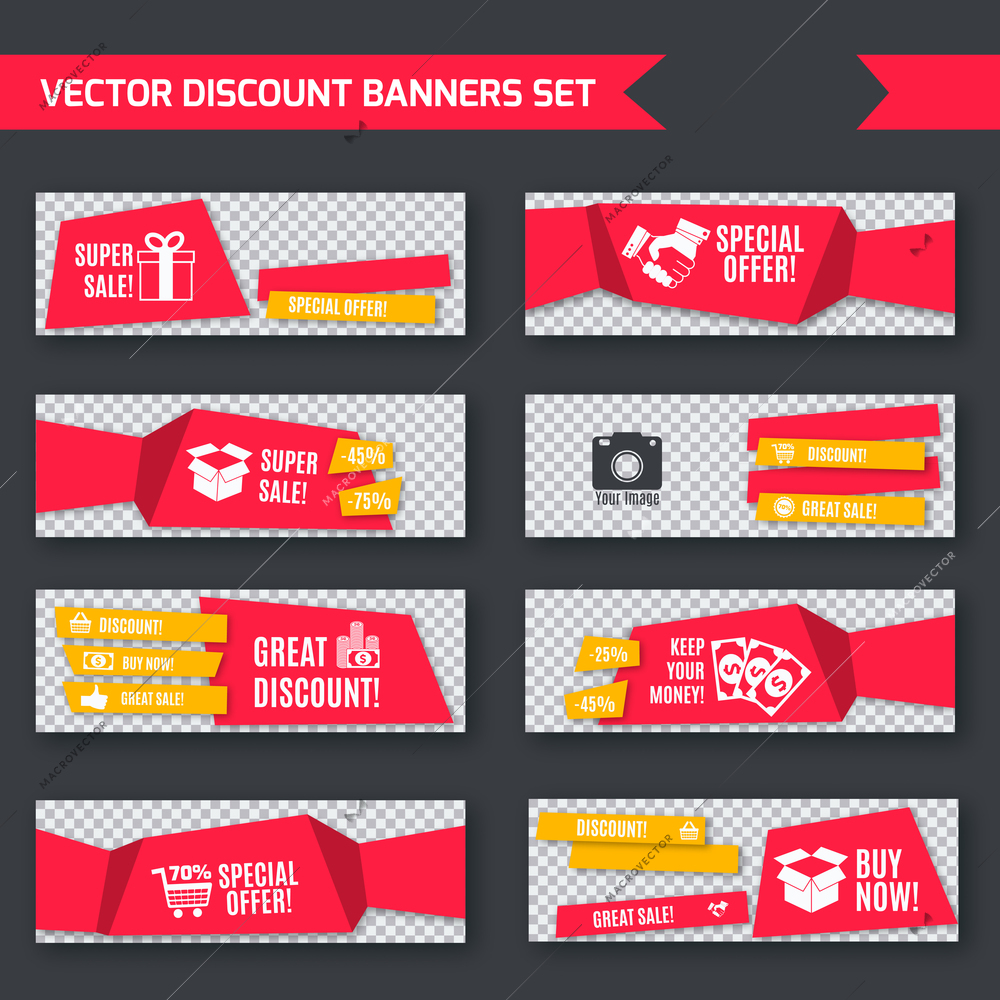 Discount super sale special offer red paper banners set isolated vector illustration