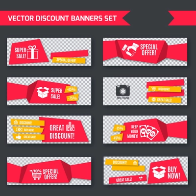 Discount super sale special offer red paper banners set isolated vector illustration