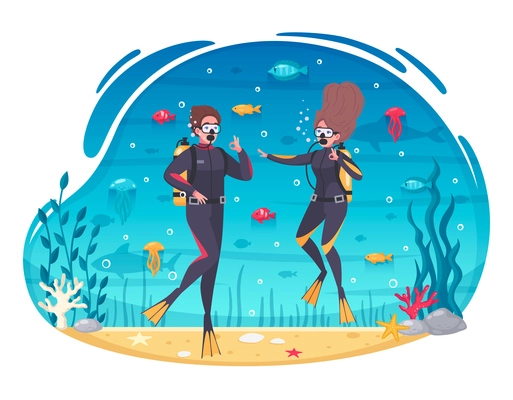 Scuba diving snorkeling couple in wetsuits among colorful fish and corals cartoon composition underwater background vector illustration