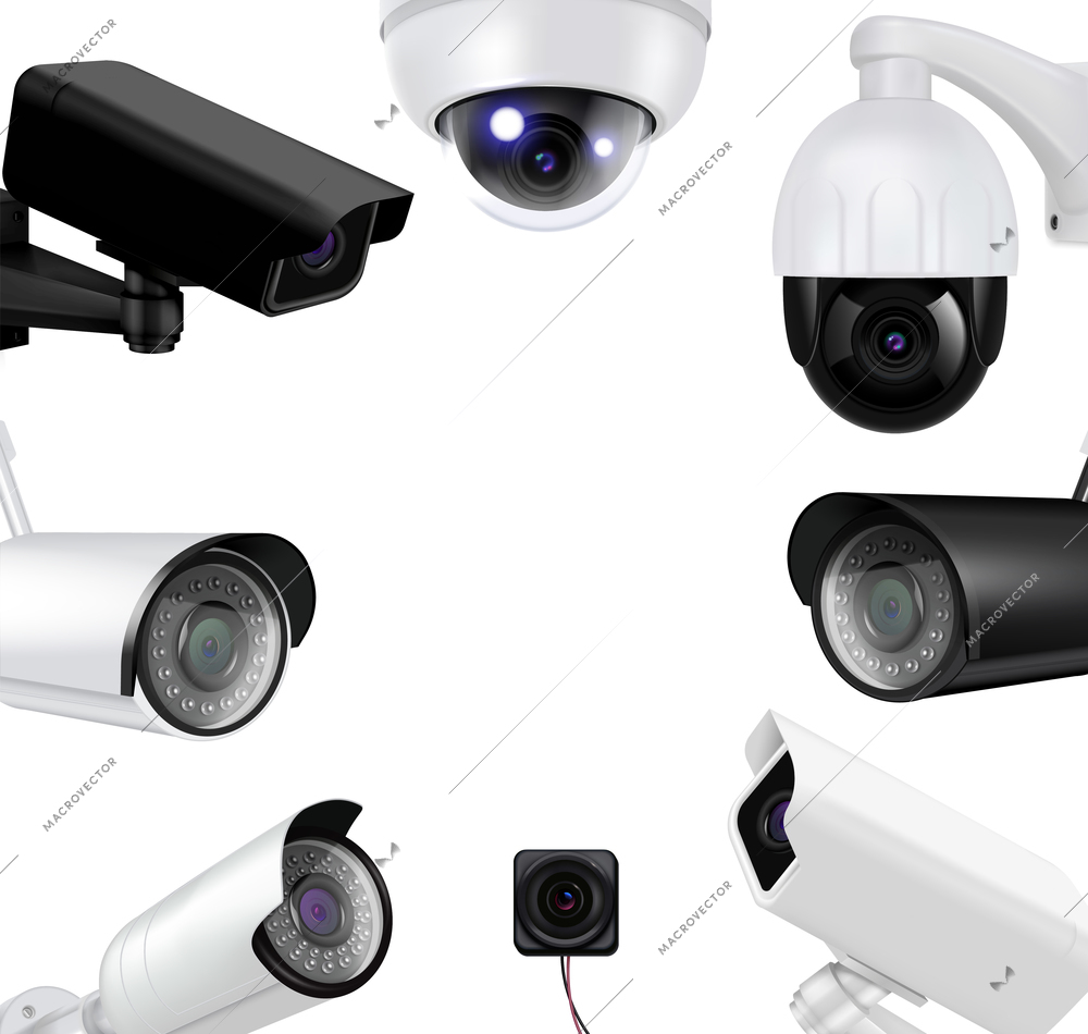 Video surveillance security cameras realistic composition black and white cameras form a circle vector illustration