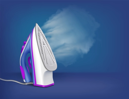 Iron ironing steam realistic composition iron is standing on the table with the steam function on vector illustration