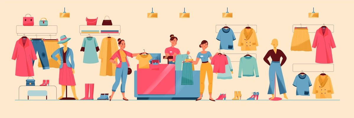 Woman making purchase in clothing store flat vector illustration