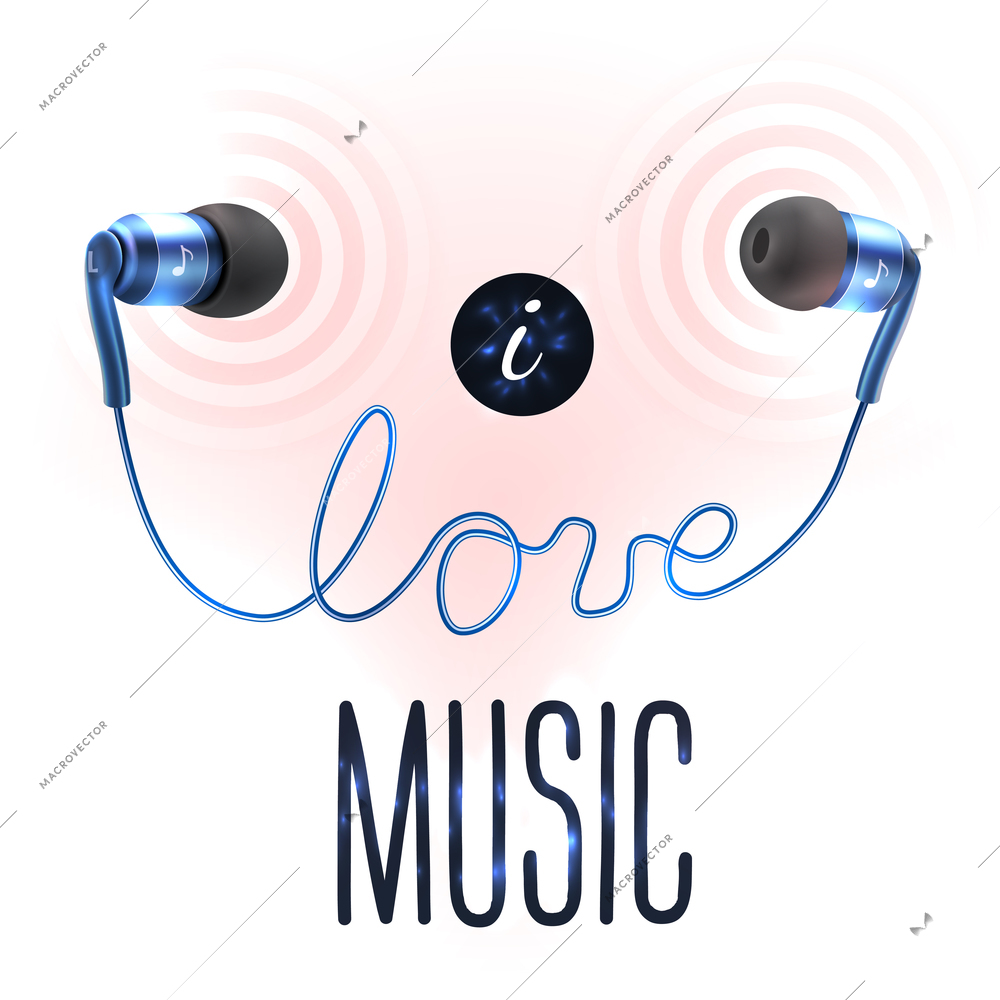 Blue headphones earplugs with love music letters poster vector illustration