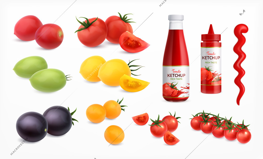 Tomatoes realistic icons set with ketchup symbols isolated vector illustration