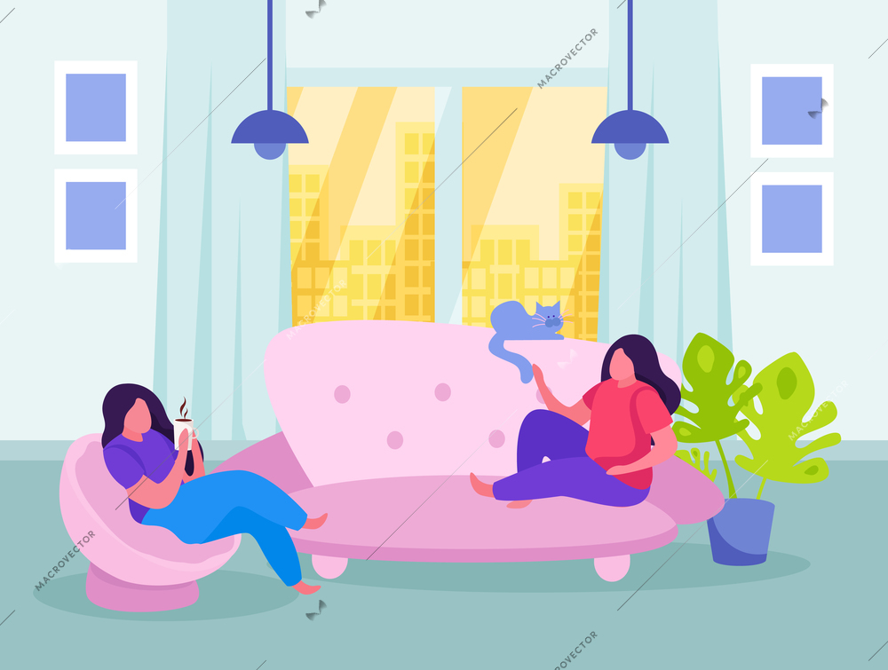 Self care concept flat colored composition two women chill at home on the couch vector illustration