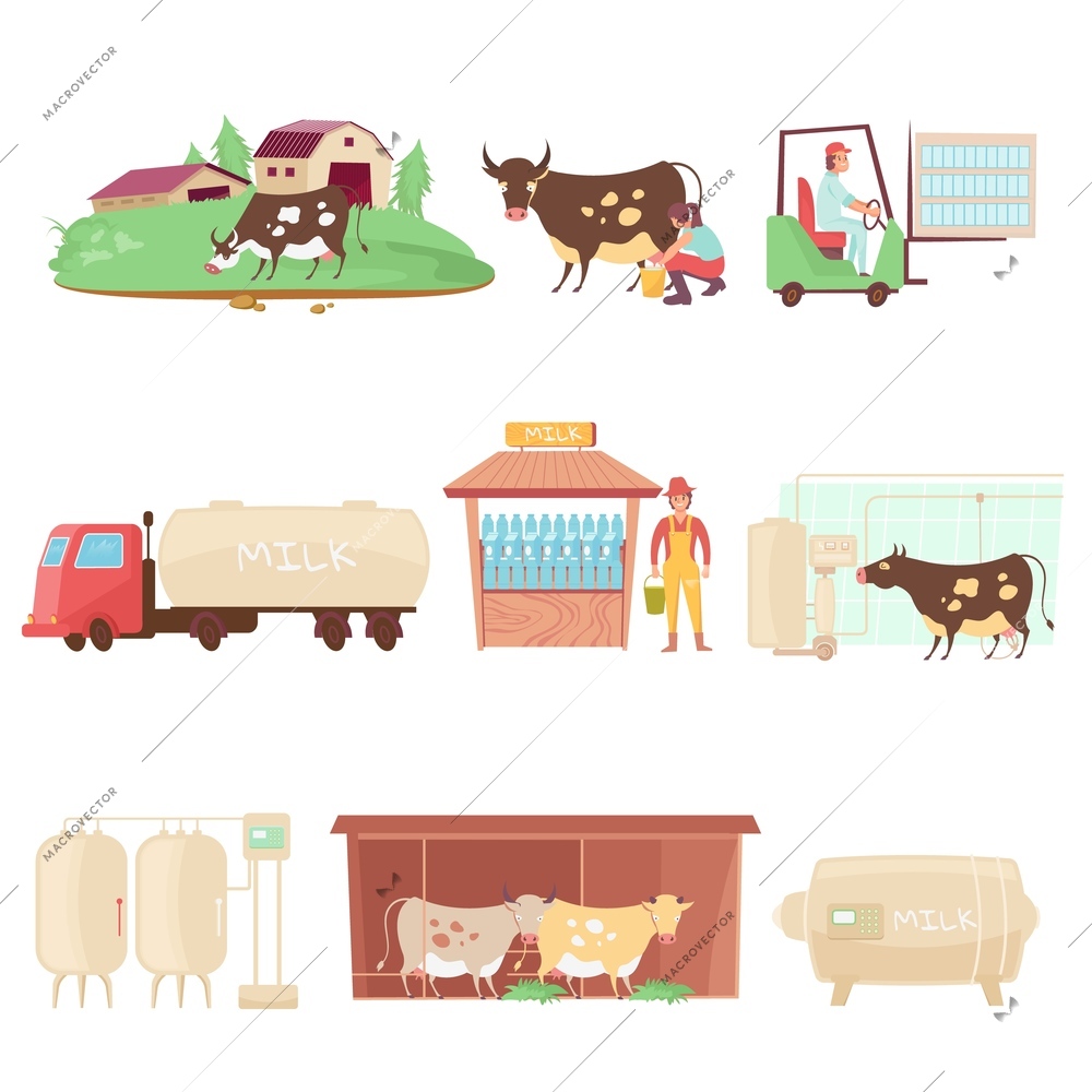 Dairy products set with flat isolated dairy farm icons images of farming animals with human characters vector illustration