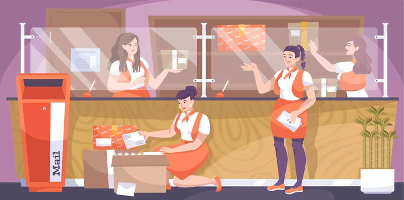 Post office flat composition with female characters of postal workers with mailbox parcels letters and counter vector illustration