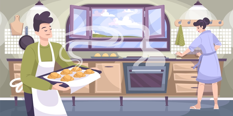 Homemade baking composition with view of house kitchen with oven and baked croissants with human characters vector illustration