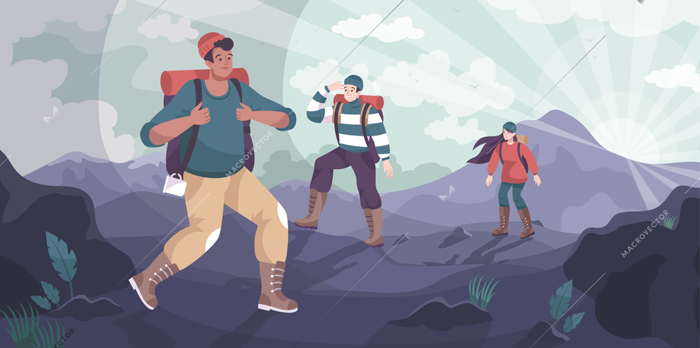Travel flat composition with outdoor mountain landscape background and group of travelers climbing up the hill vector illustration