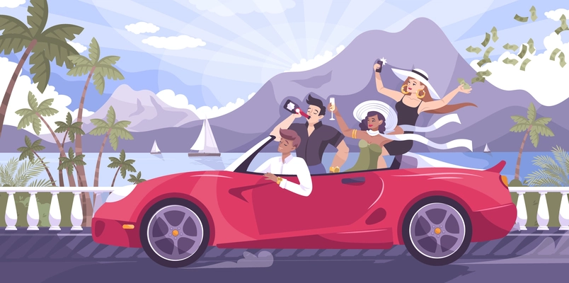 Rich youth flat composition with outdoor tropical landscape mountains yachts and group of teenagers riding cabrio vector illustration