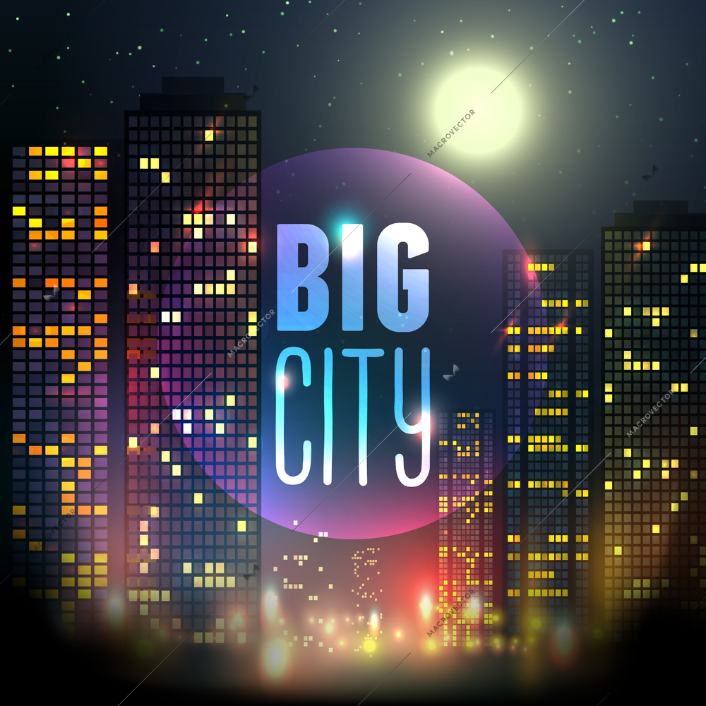 City skyline with skyscraper buildings at full moon night background vector illustration