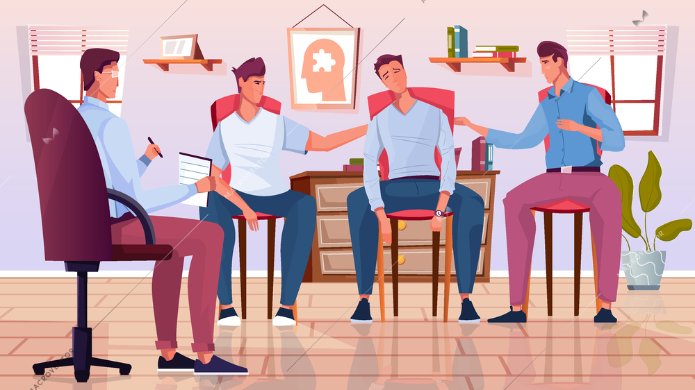 Group psychoterapy flat composition with therapists office scenery and doodle characters of male clients with specialist vector illustration