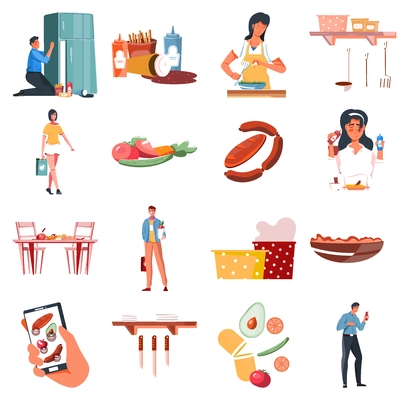 Nutrition set of flat food icons and doodle human characters with diet recipe apps and kitchenware vector illustration