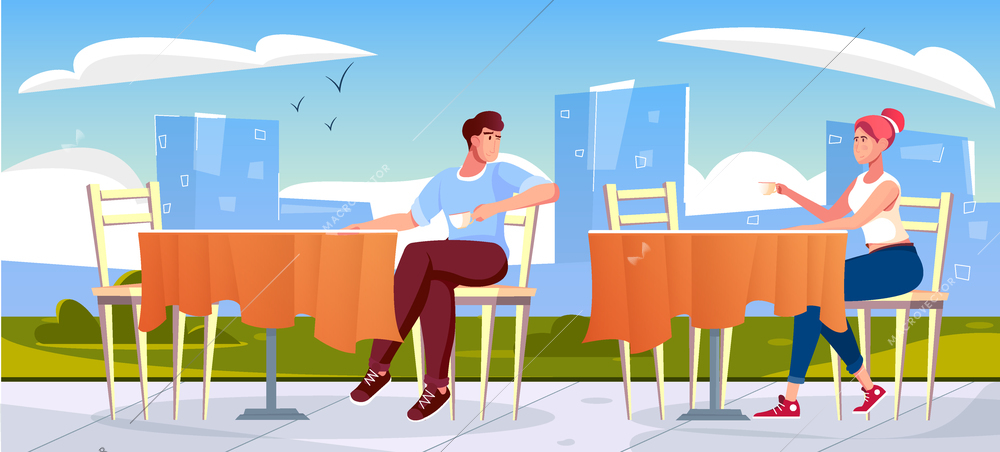 Cafe acquaintance flat composition with outdoor cityscape background with restaurant tables and man speaking with woman vector illustration