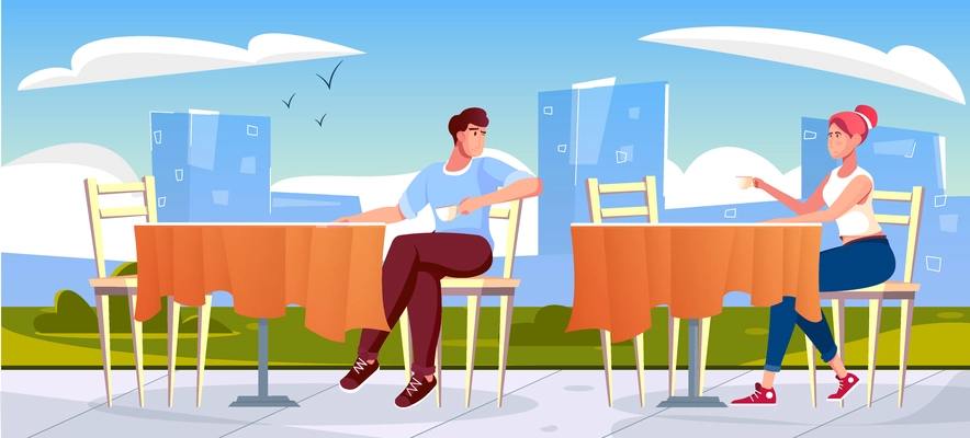 Cafe acquaintance flat composition with outdoor cityscape background with restaurant tables and man speaking with woman vector illustration