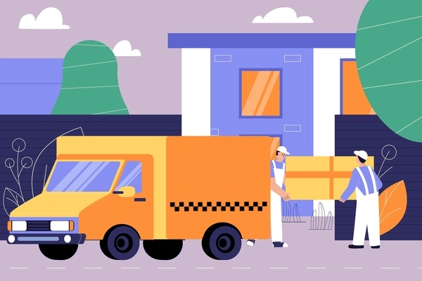Freight taxi flat composition with view of living house with workers characters loading goods into truck vector illustration