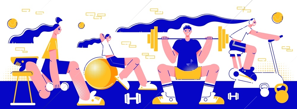 Sport fitness workout center people exercising with barbels balance ball training machine flat horizontal composition vector illustration