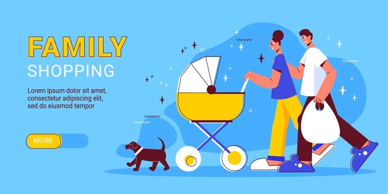Shopping horizontal banner with characters of parents with baby stroller and dog with text and button vector illustration