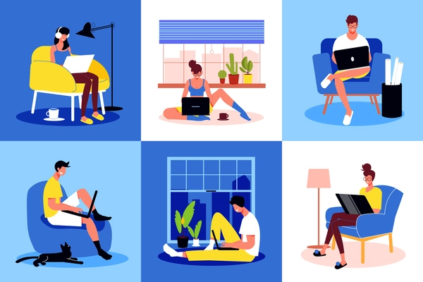 Freelance people work design concept with set of square compositions with human characters and interior elements vector illustration