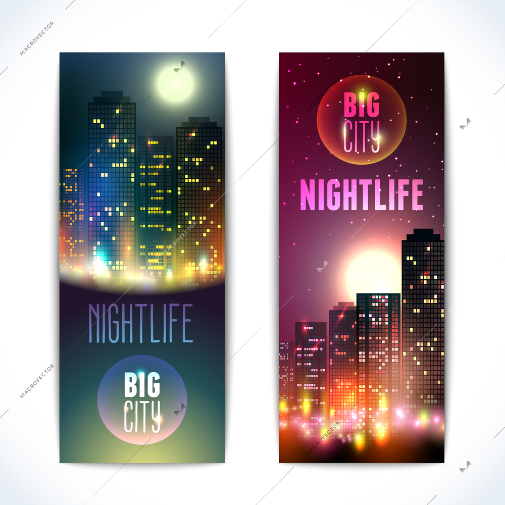 Modern urban nightlife city skyline at full moon night on dark background vertical banners isolated vector illustration